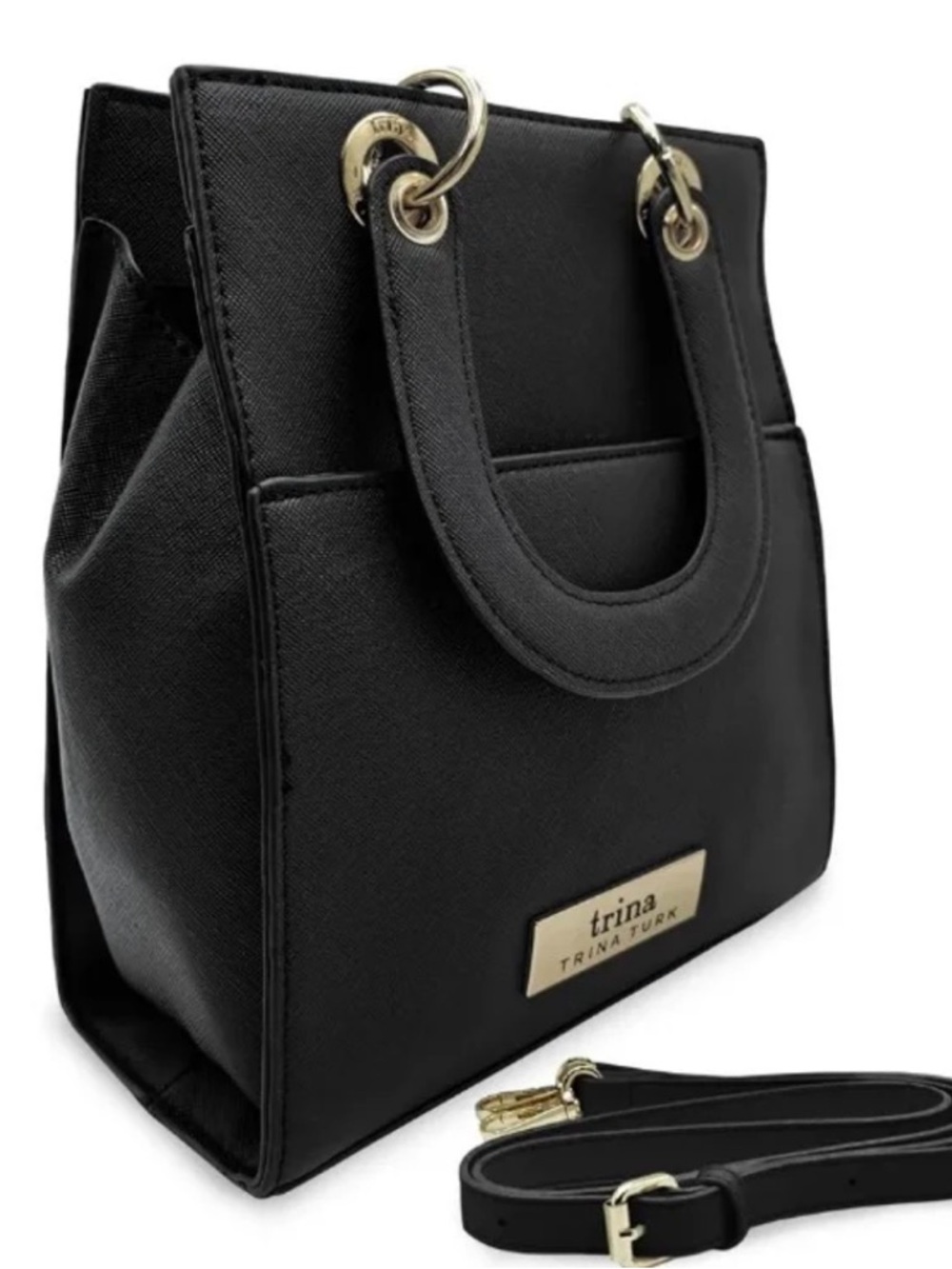 Trina Turk Classy Black Double Handle Handbag/Crossbody Tote with Gold Hardware